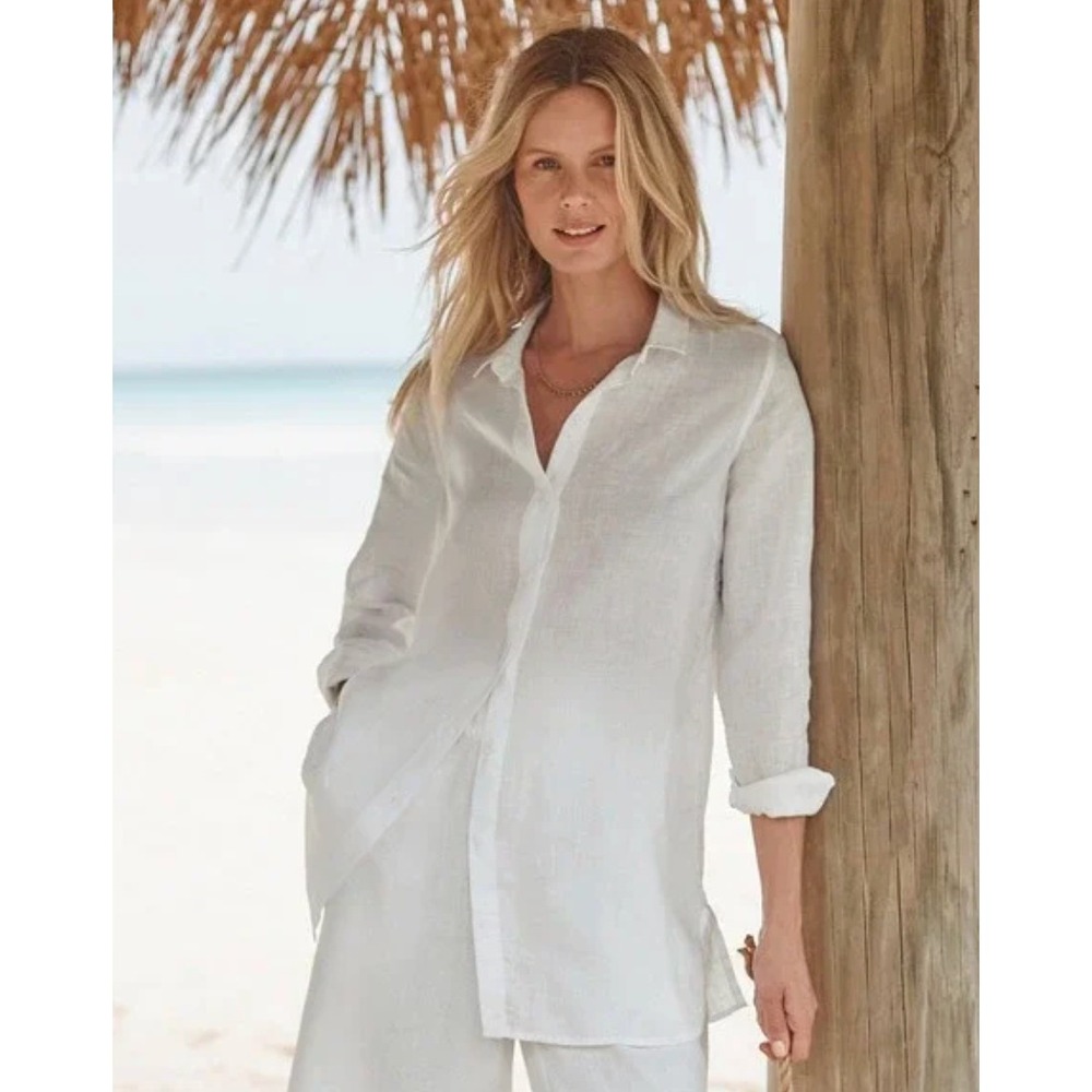 Garnet Hill Shirt Button Up Tunic Blouse 100% Linen European Flax White Medium